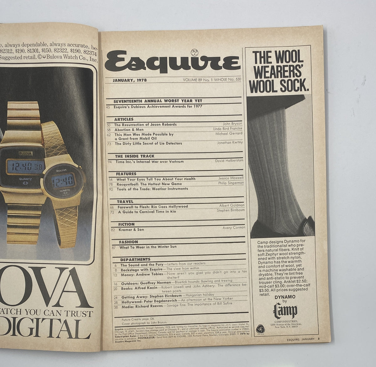 Esquire Magazine January 1978 featuring the Table of Contents with articles and highlights including the Seventeenth Annual Worst Year Yet and various topics such as fashion, travel, and fiction.