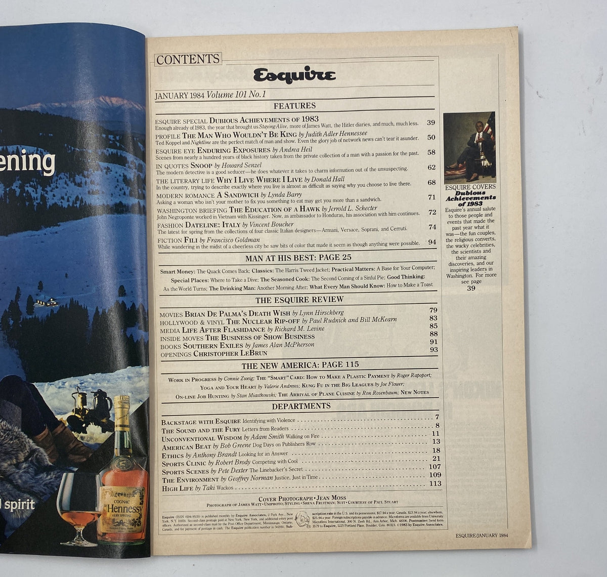 Inside page of Esquire Magazine January 1984 featuring the Table of Contents including sections like Dubious Achievements of 1983 and features on notable figures.
