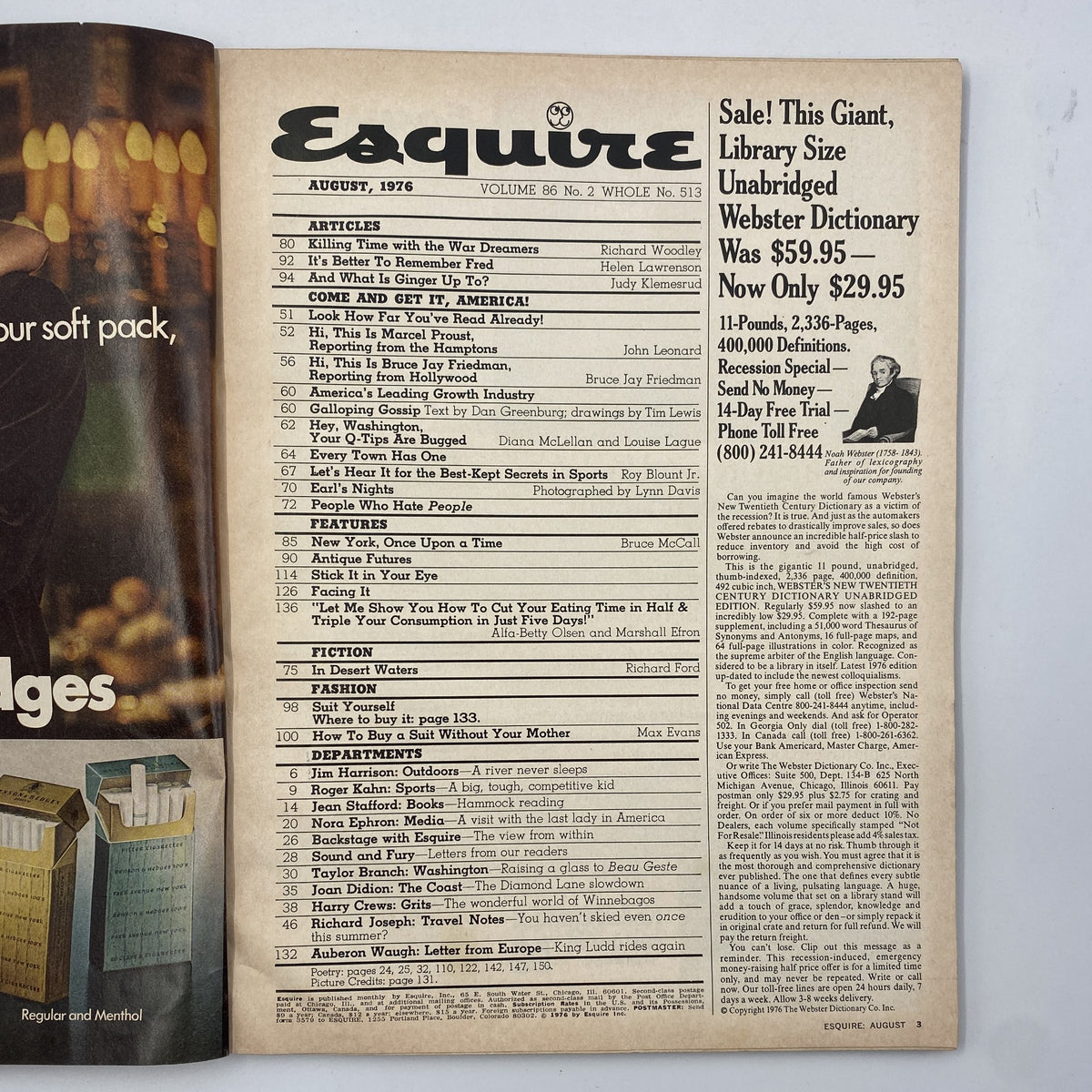 Inside page of Esquire Magazine August 1976 showing the Table of Contents listing various articles and features.
