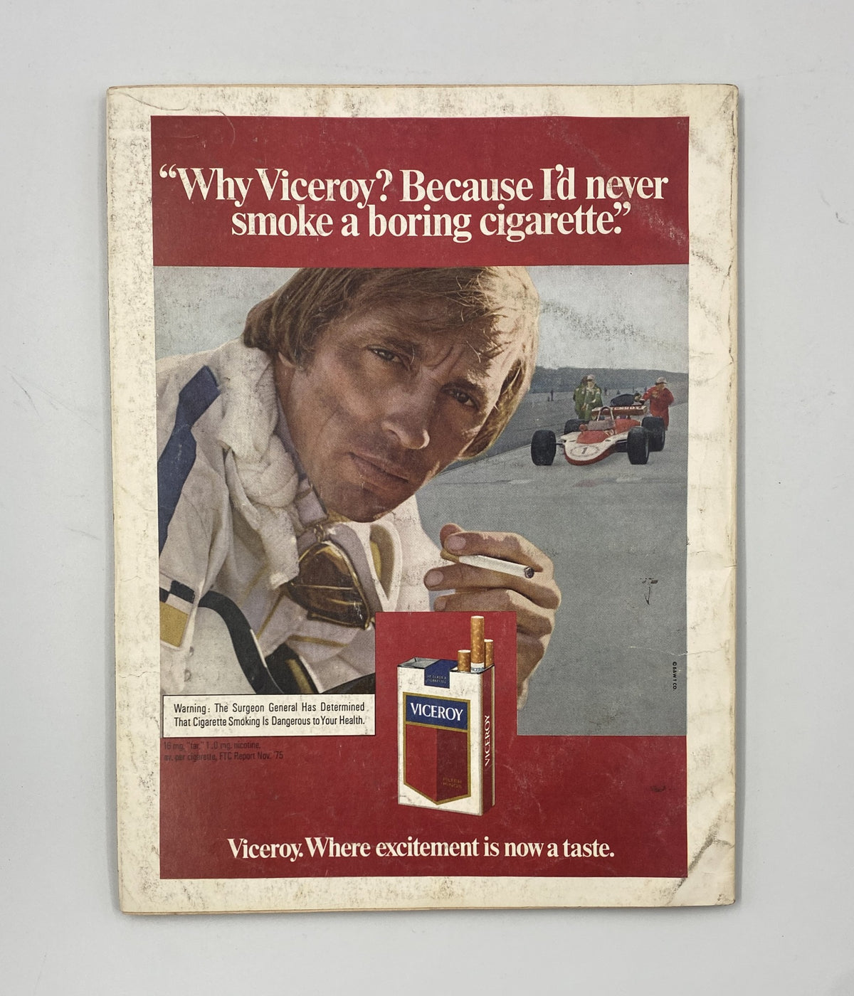 Back cover of Esquire Magazine August 1976 featuring a Viceroy cigarette advertisement with a man in a racing suit.