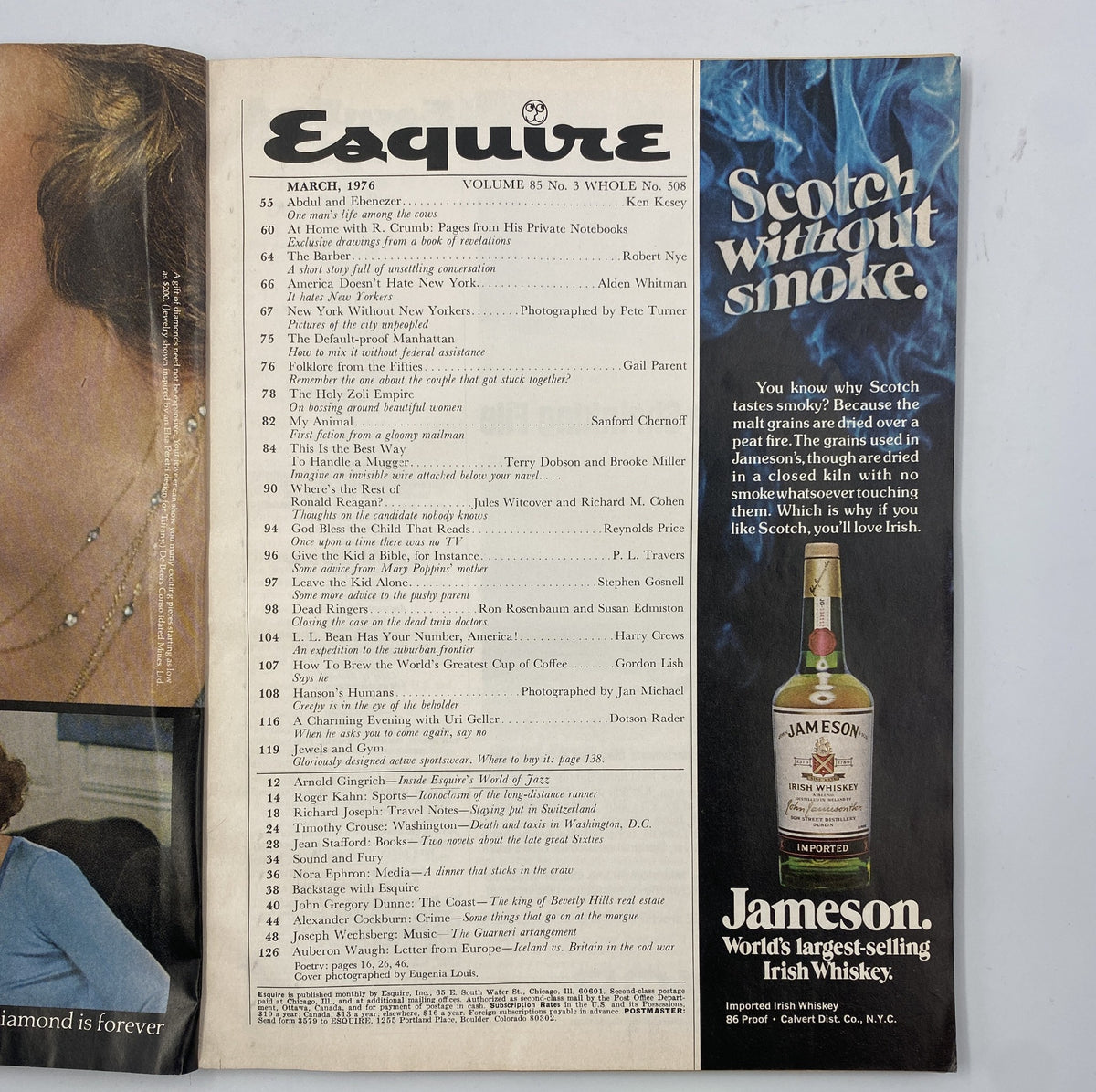 Inside page of Esquire Magazine March 1976 displaying the table of contents, highlighting articles including Ken Kesey's and R. Crumb's features, along with an advertisement for Jameson Irish Whiskey.
