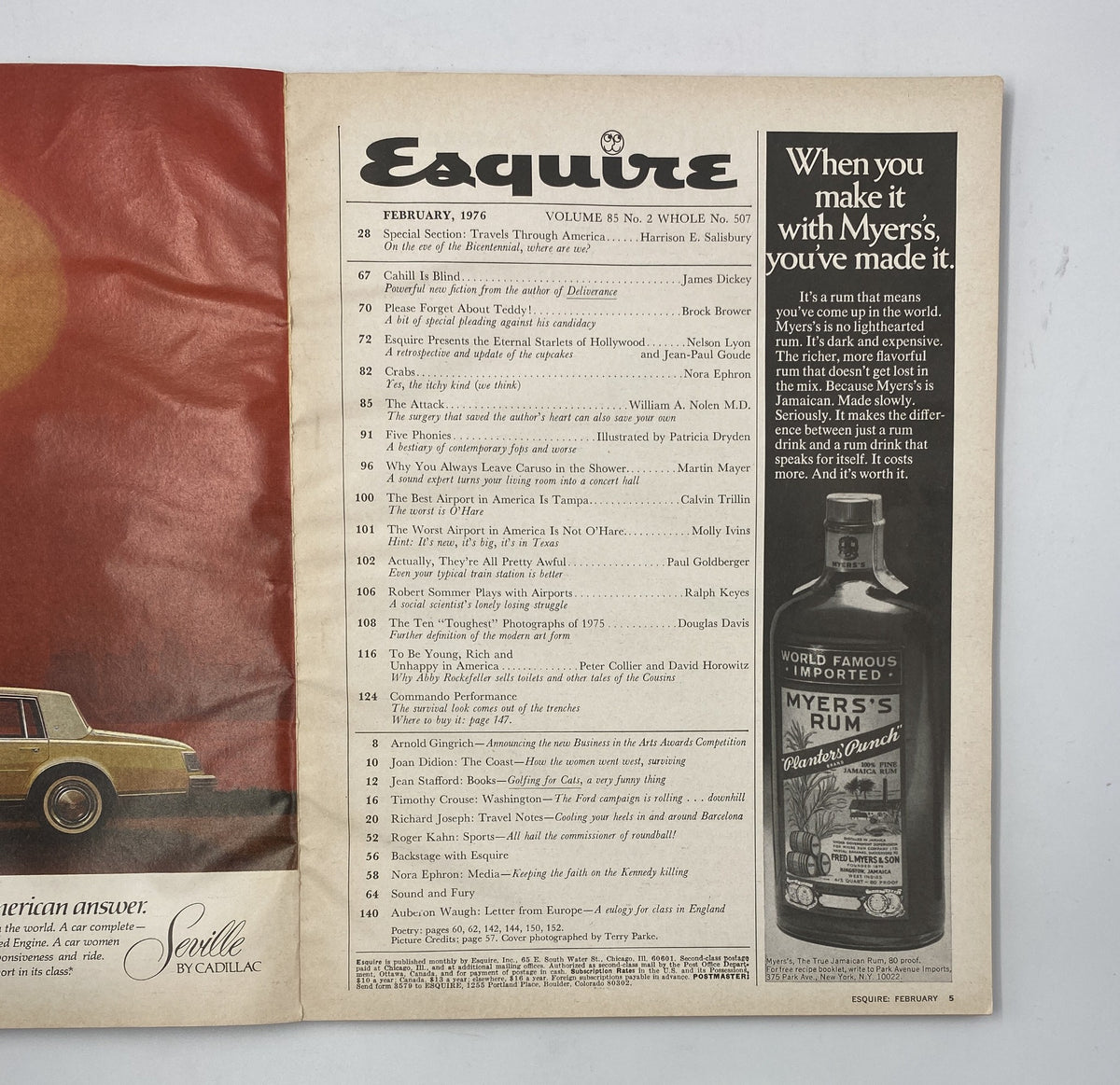 Inside page of Esquire Magazine February 1976, displaying the Table of Contents with featured articles including Harrison E. Salisbury's 'Travels Through America' and James Dickey's work. A glimpse into the magazine's diverse content.