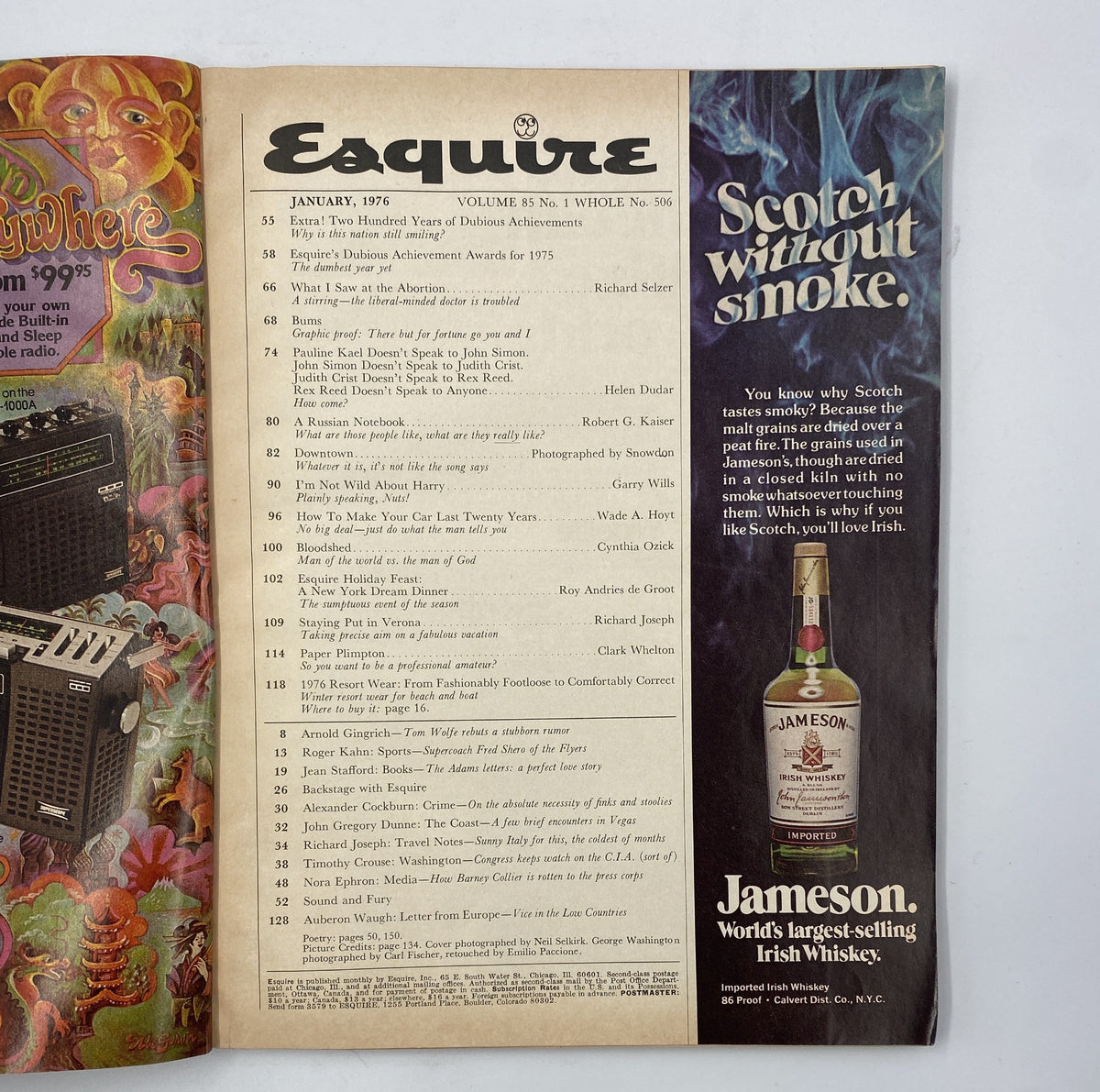 Inside cover of Esquire Magazine, January 1976, featuring the contents page listing the Dubious Achievement Awards and various articles, including works by Richard Selzer and Robert G. Kaiser.