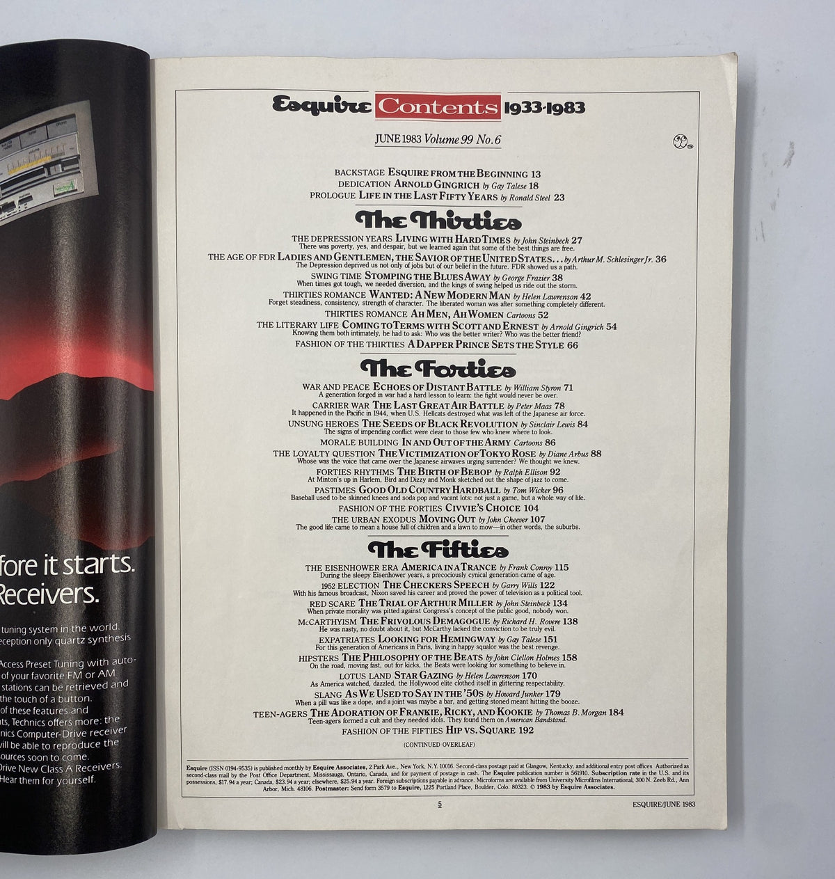 Table of Contents page from Esquire Magazine June 1983 How We Lived 1933–1983 50th Anniversary Issue, detailing significant articles and sections.