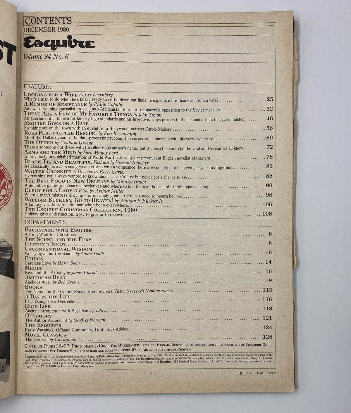 Esquire Magazine December 1980 Table of Contents highlighting articles including 'Looking for a Wife' by Lee Eisenberg and a play 'Elegy for a Lady' by Arthur Miller.