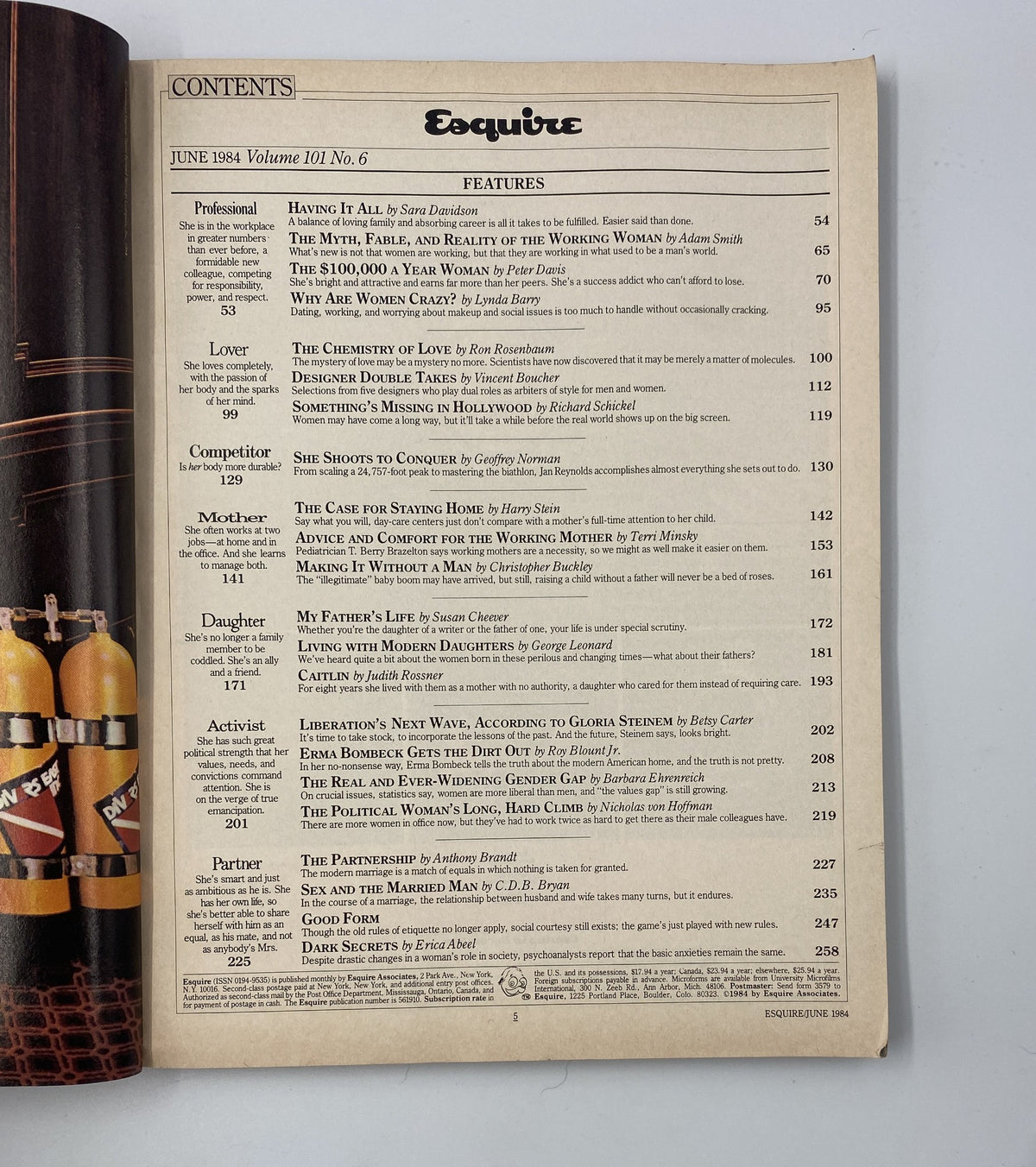 Table of contents page from Esquire Magazine June 1984, detailing features including 'HAVING IT ALL' and 'THE $100,000 A YEAR WOMAN', alongside insights on women's roles.
