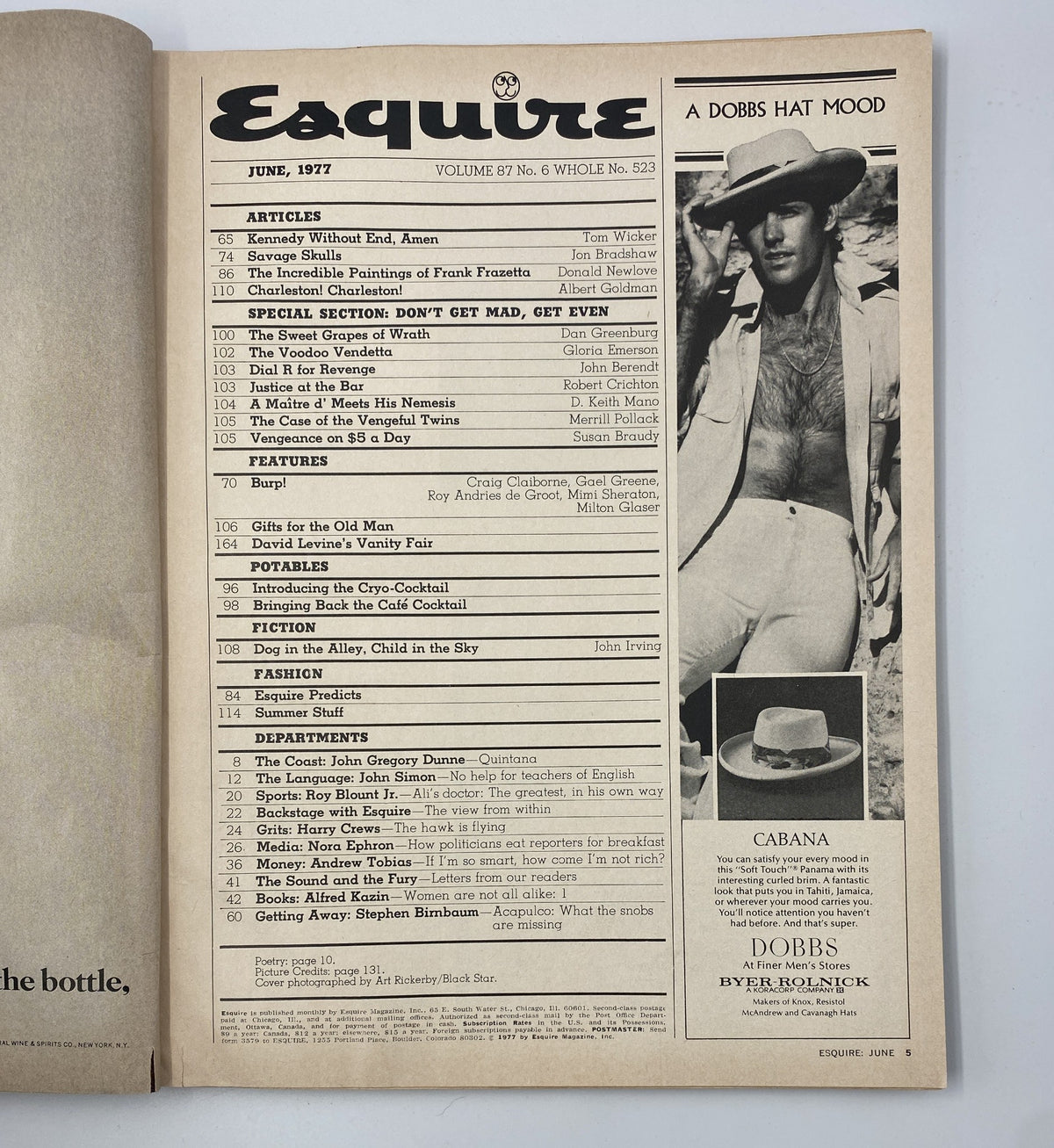 Inside view of Esquire Magazine June 1977 showcasing the Table of Contents, featuring articles like 'Kennedy Without End, Amen' and 'The Incredible Paintings of Frank Frazetta', underlining the volume and issue number.