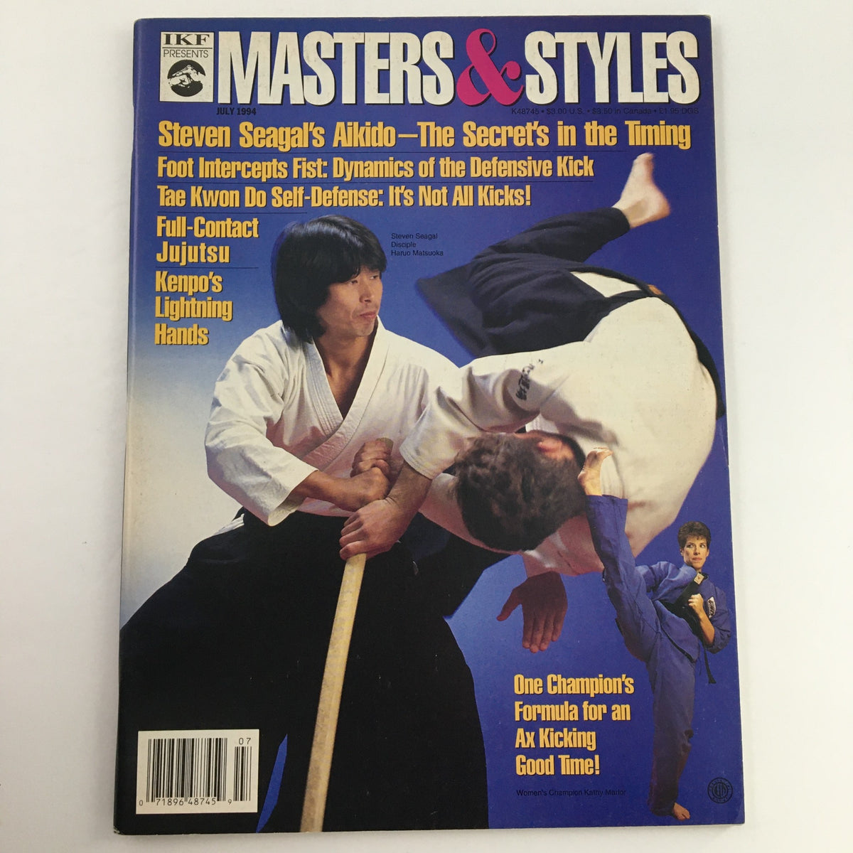 Masters & Styles Magazine July 1994 showcasing Haruo Matsuoka and martial arts action, emphasizing articles on Aikido, Taekwondo, and self-defense strategies.
