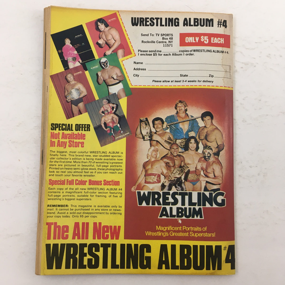 Back cover of Wrestling Album #4 showcasing wrestling superstars with a colorful layout, promoting a special offer not available in stores.