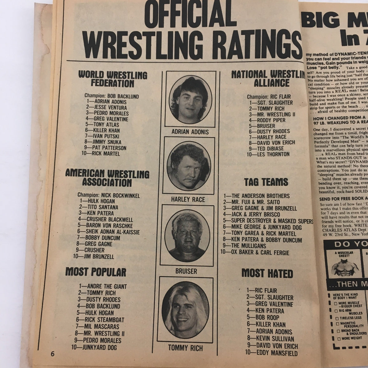 Official wrestling ratings page from The Wrestler Magazine May 1982, displaying rankings for various wrestling organizations including the World Wrestling Federation.