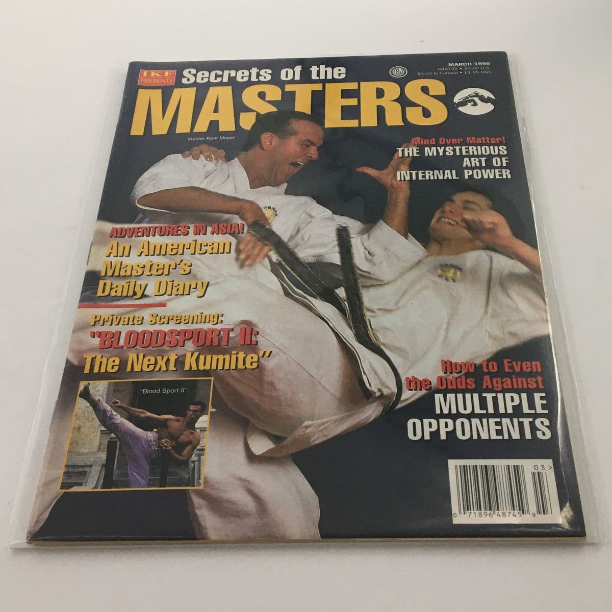 Cover of Secrets of the Masters Magazine March 1996 featuring Master Kent Moyer. The magazine highlights martial arts content, including articles about internal power and training techniques.