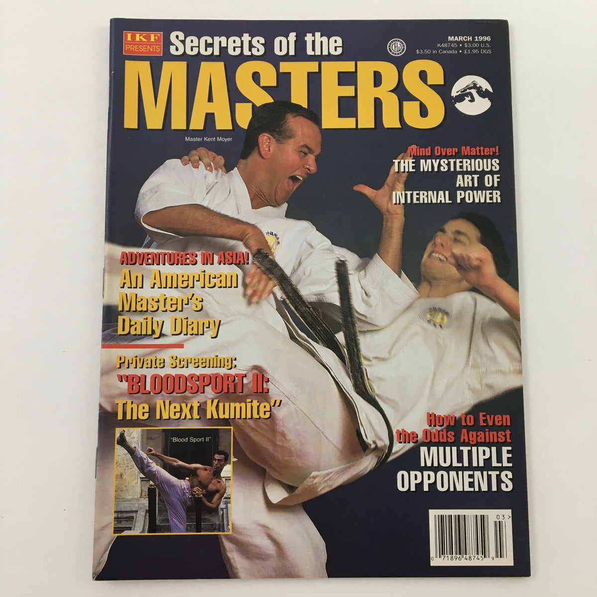 Front cover of Secrets of the Masters Magazine March 1996 showcasing Master Kent Moyer. This vintage magazine offers insights into martial arts and cultural moments from the 1990s.