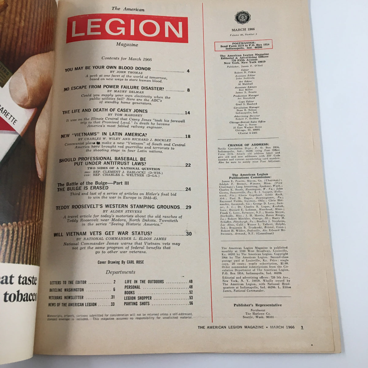 Interior page of The American Legion Magazine March 1966, displaying the table of contents including notable articles like 'No Escape From Power Failure Disaster' and 'The Life and Death of Casey Jones'.