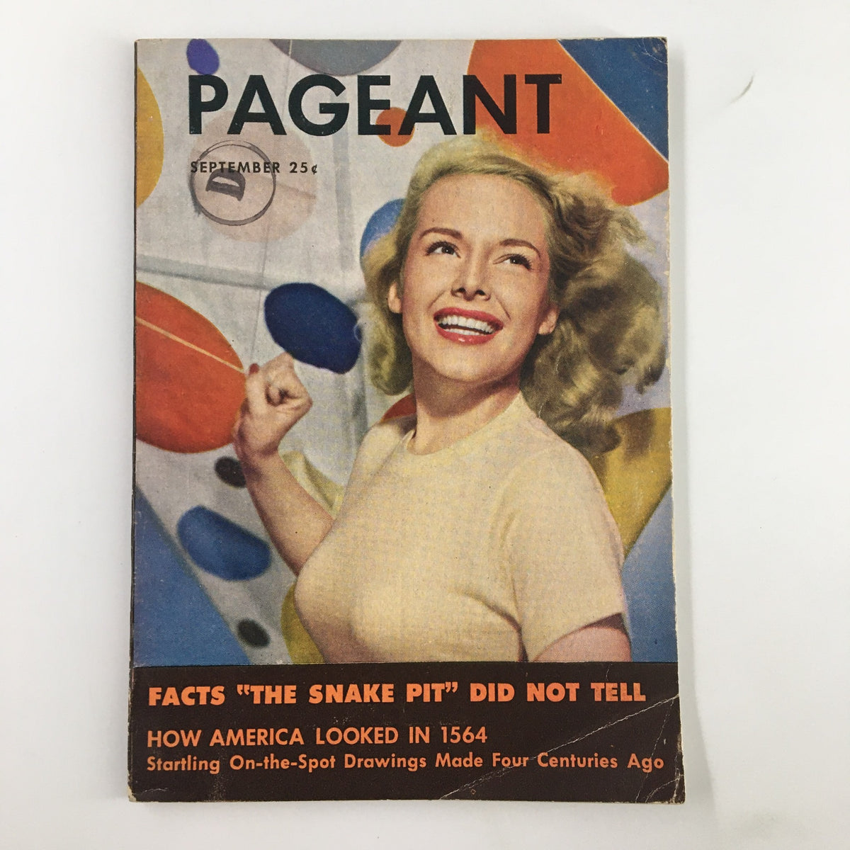 Cover of VTG Pageant Magazine September 1946 featuring a smiling young woman, showcasing colorful geometric patterns and the headline highlighting key articles such as 'Facts The Snake Pit Did Not Tell'. The magazine represents post-war American culture and nostalgia.