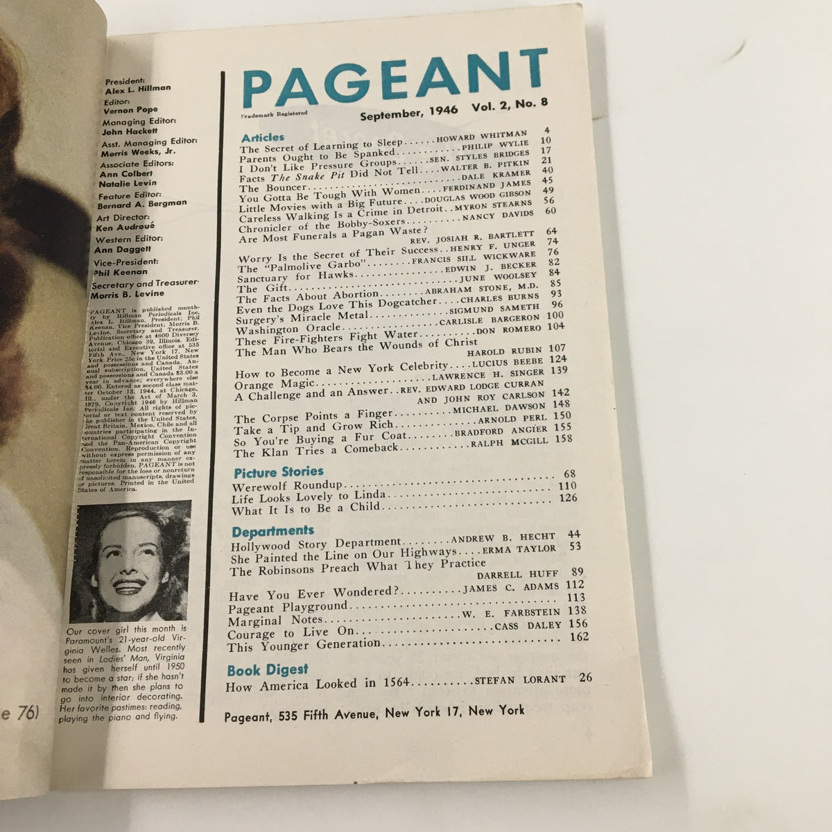 Inside page of VTG Pageant Magazine September 1946 displaying the table of contents with various article titles and contributors. The layout reflects the magazine's vintage style and provides a glimpse into the popular topics of the late 1940s.