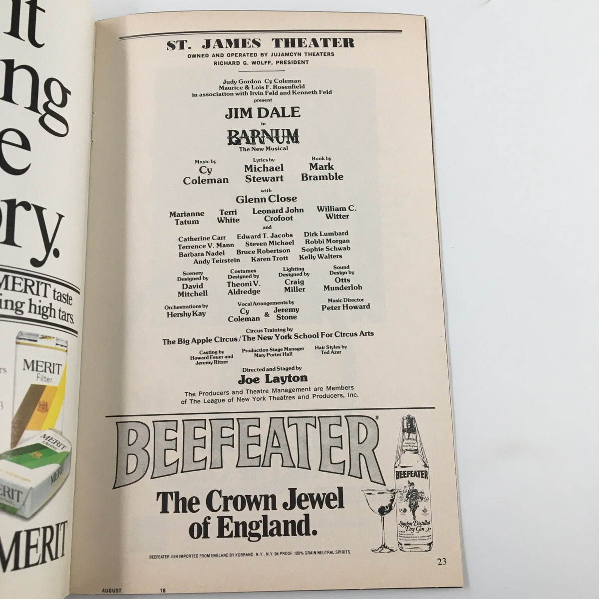 Another interior page of the 1980 Playbill for Barnum showcasing cast and crew credits, emphasizing Jim Dale's iconic role and the production details at the St. James Theater.