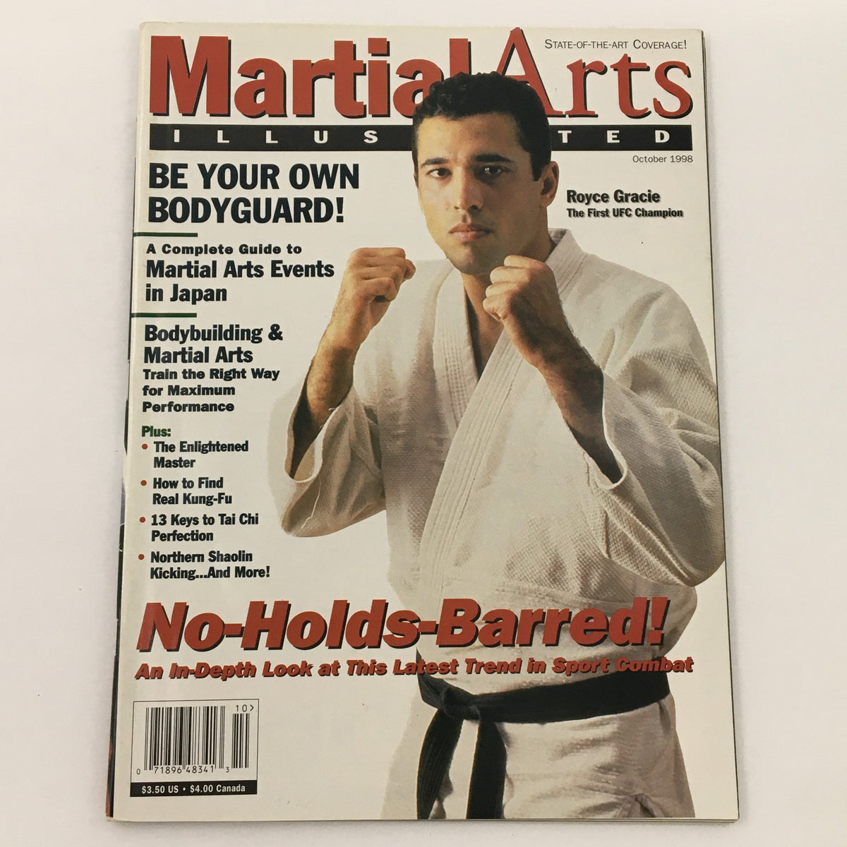 Martial Arts Illustrated Magazine October 1998 with Royce Gracie highlighted, discussing bodyguard tips and martial arts events in Japan.