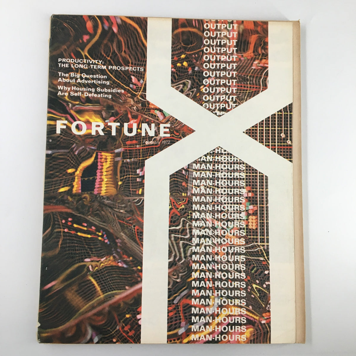 VTG Fortune Magazine February 1972 featuring the cover story 'The Big Question About Advertising' with a vibrant and colorful design, reflecting 1970s advertising culture.