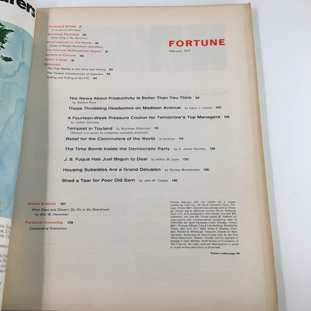 Interior page of VTG Fortune Magazine February 1972 displaying the table of contents, detailing articles including 'The News About Productivity Is Better Than You Think' and 'Housing Subsidies Are a Grand Delusion'.