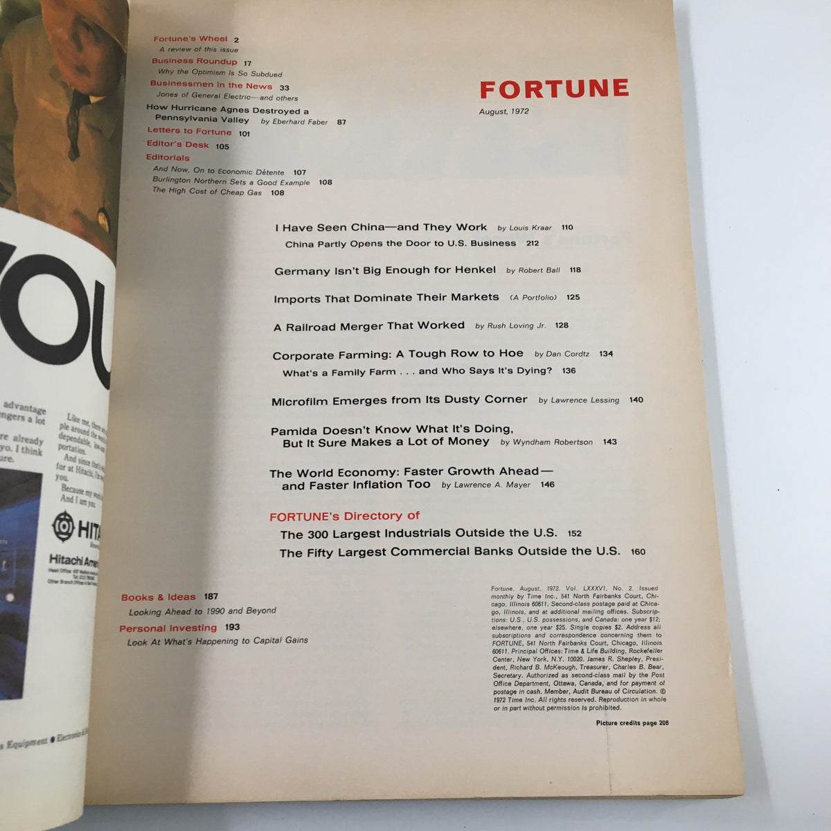 Interior page of VTG Fortune Magazine August 1972 displaying the table of contents, highlighting articles on international business, economic insights, and corporate topics.