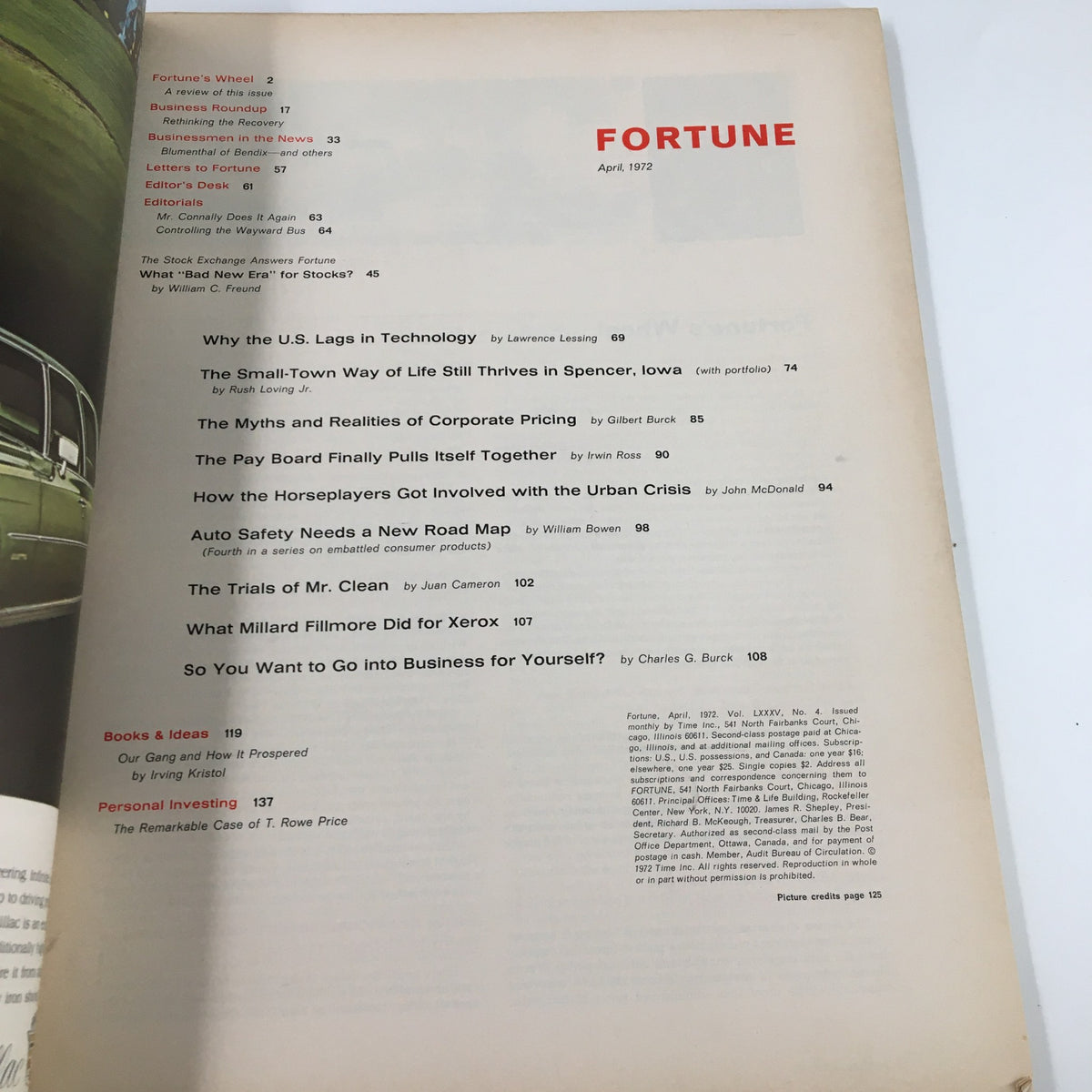 Inside page of VTG Fortune Magazine April 1972, displaying the table of contents with various article titles including 'The Small-Town Way of Life Still Thrives in Spencer, Iowa'.
