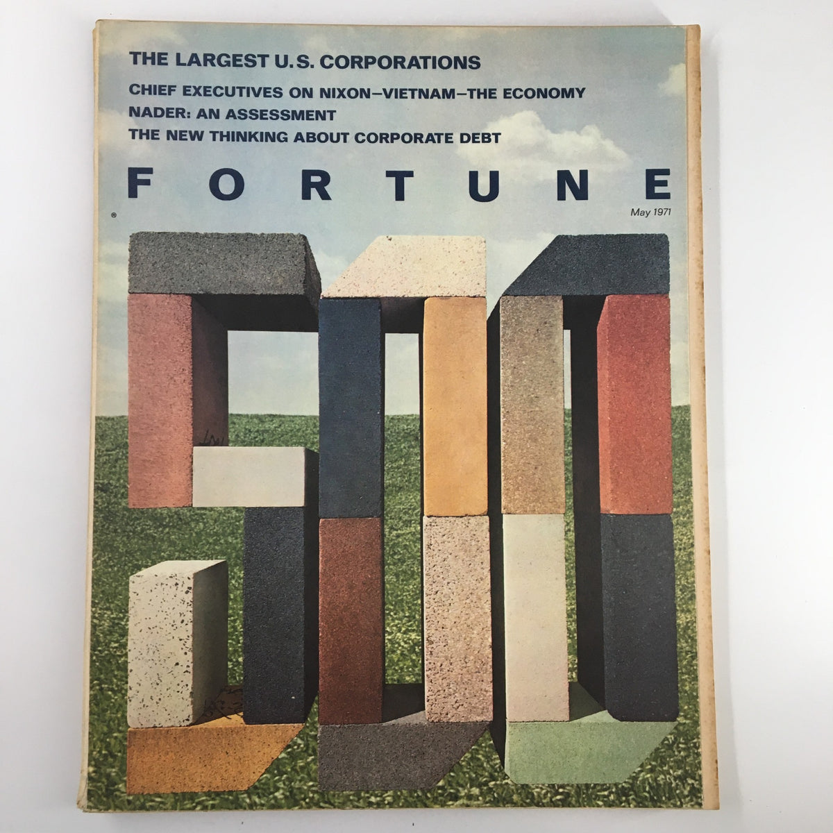 Cover of VTG Fortune Magazine May 1971 featuring bold block letters and colorful geometric shapes, themed around the largest U.S. corporations.