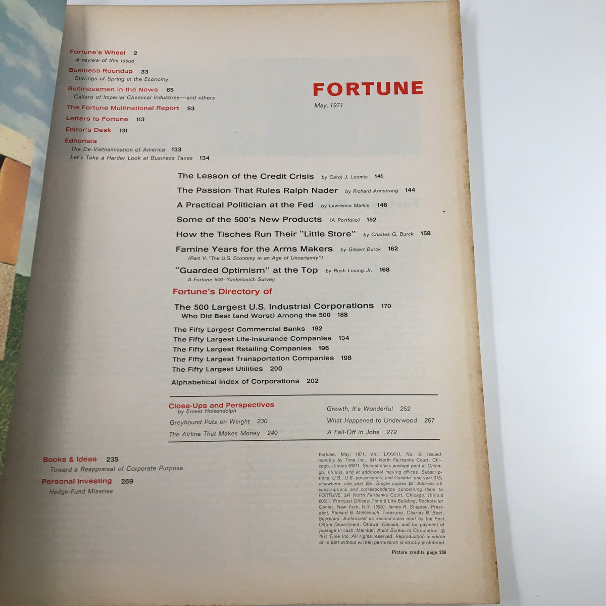 Interior page of VTG Fortune Magazine May 1971 displaying the table of contents, highlighting articles and insights on major corporations and economic trends.