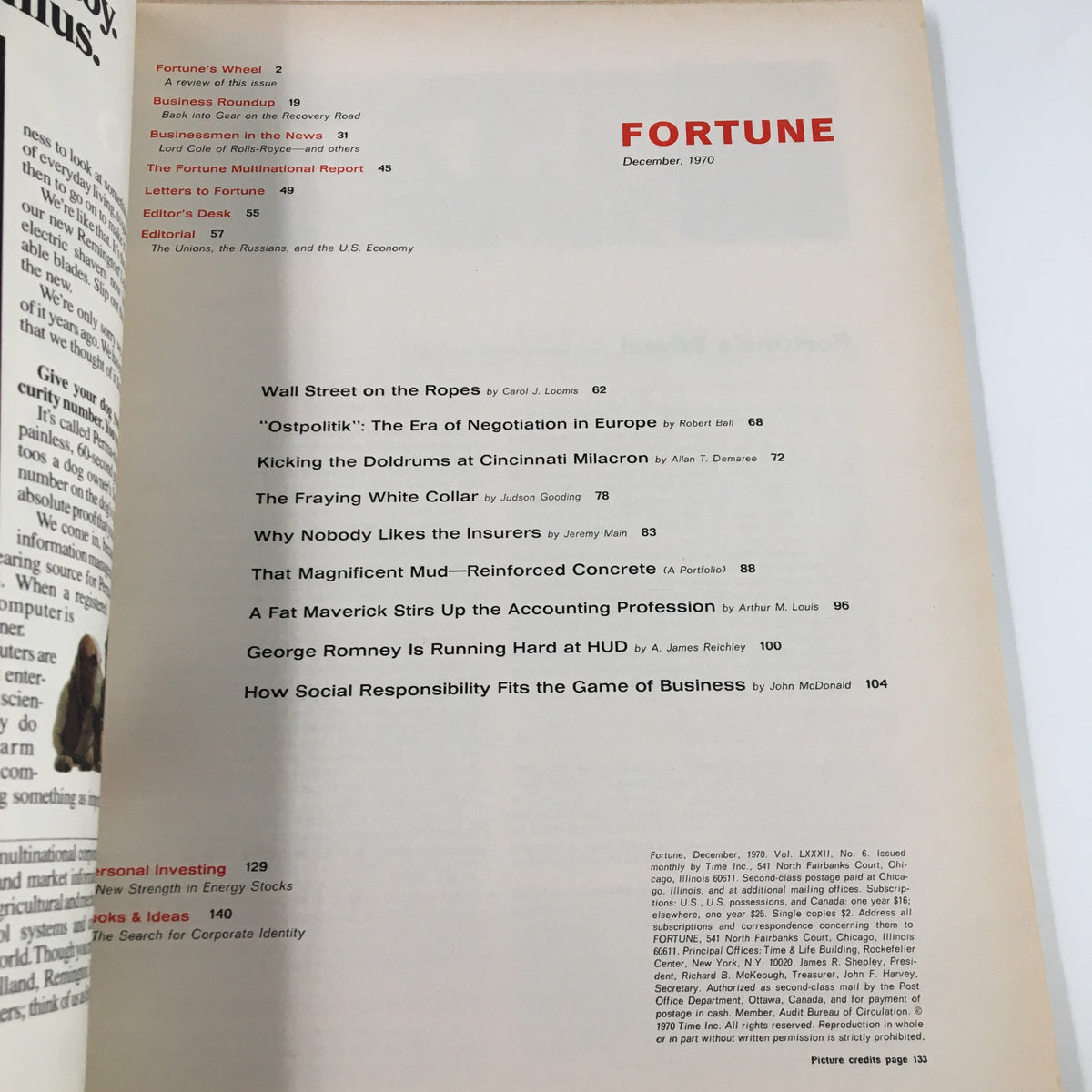 Interior page of the VTG Fortune Magazine December 1970, featuring the table of contents with articles about Wall Street, economic trends, and corporate topics.