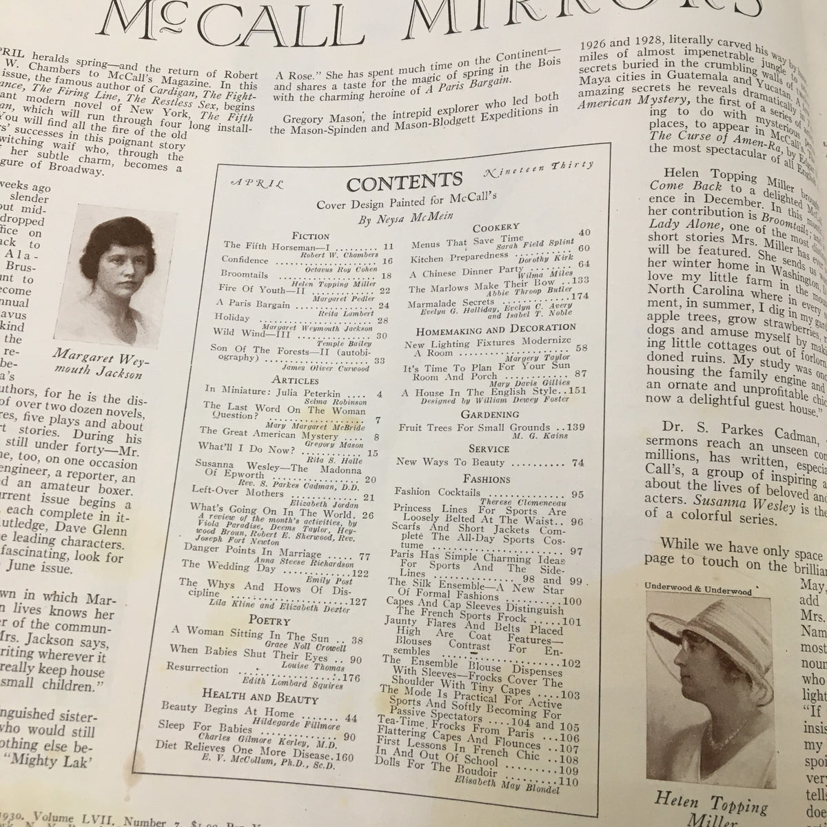 Table of contents page from VTG McCall's Magazine April 1930 listing featured articles, literature, and notable authors, including the highlighted title 'The Fifth Horseman' by Robert Chambers.