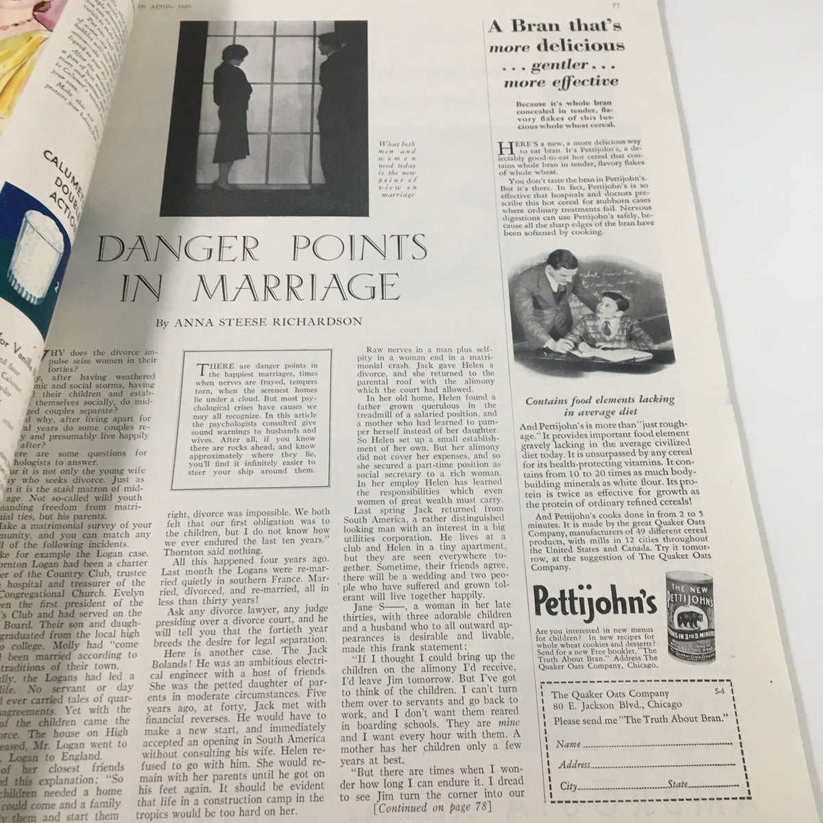 VTG McCall's Magazine April 1930 highlighting an article named "Danger Points in Marriage" by Anna Steese Richardson, discussing marital challenges with an illustrative photograph.