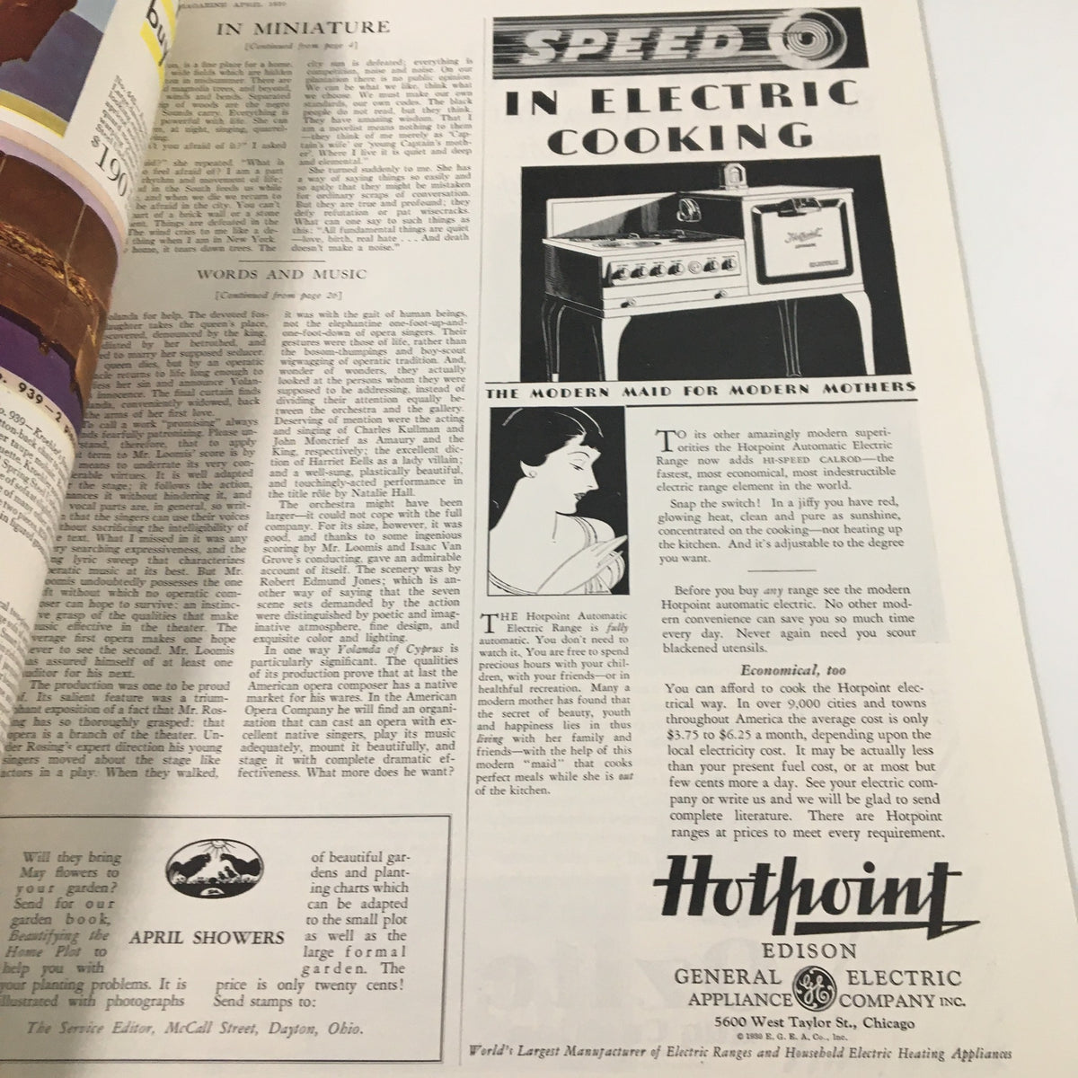 VTG McCall's Magazine April 1930 showcasing an advertisement for Hotpoint Electric Range with decorative art typical of the era, promoting modern cooking appliances for mothers.
