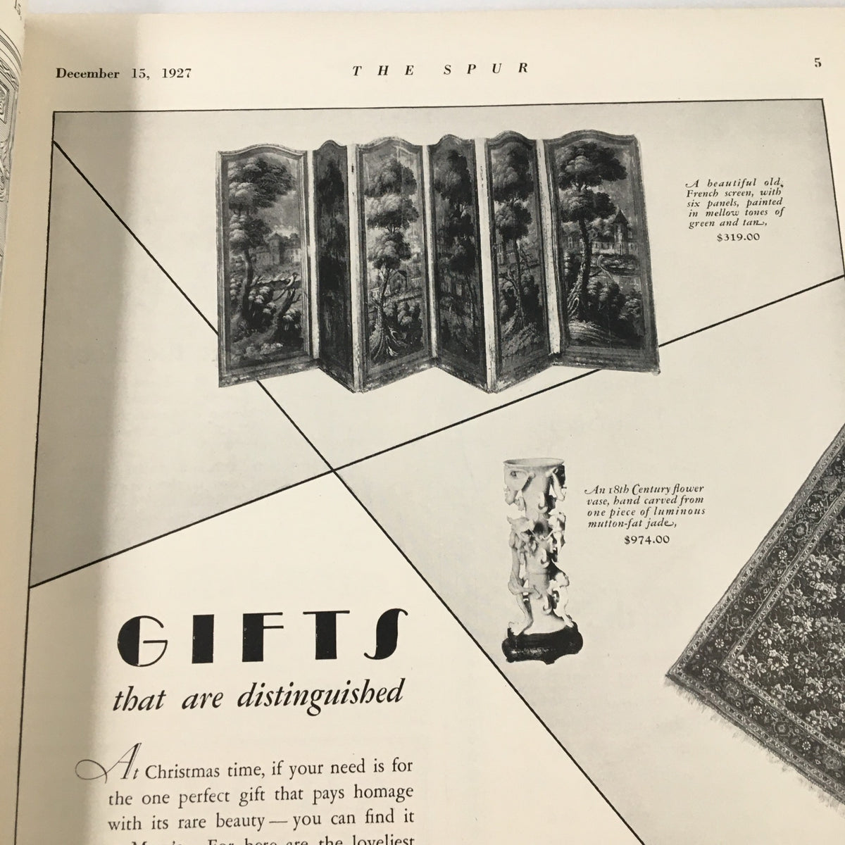 Interior page of VTG The Spur Magazine December 13 1927 displaying an artistic advertisement for distinguished gifts, with illustrations of a folding screen and decorative art.