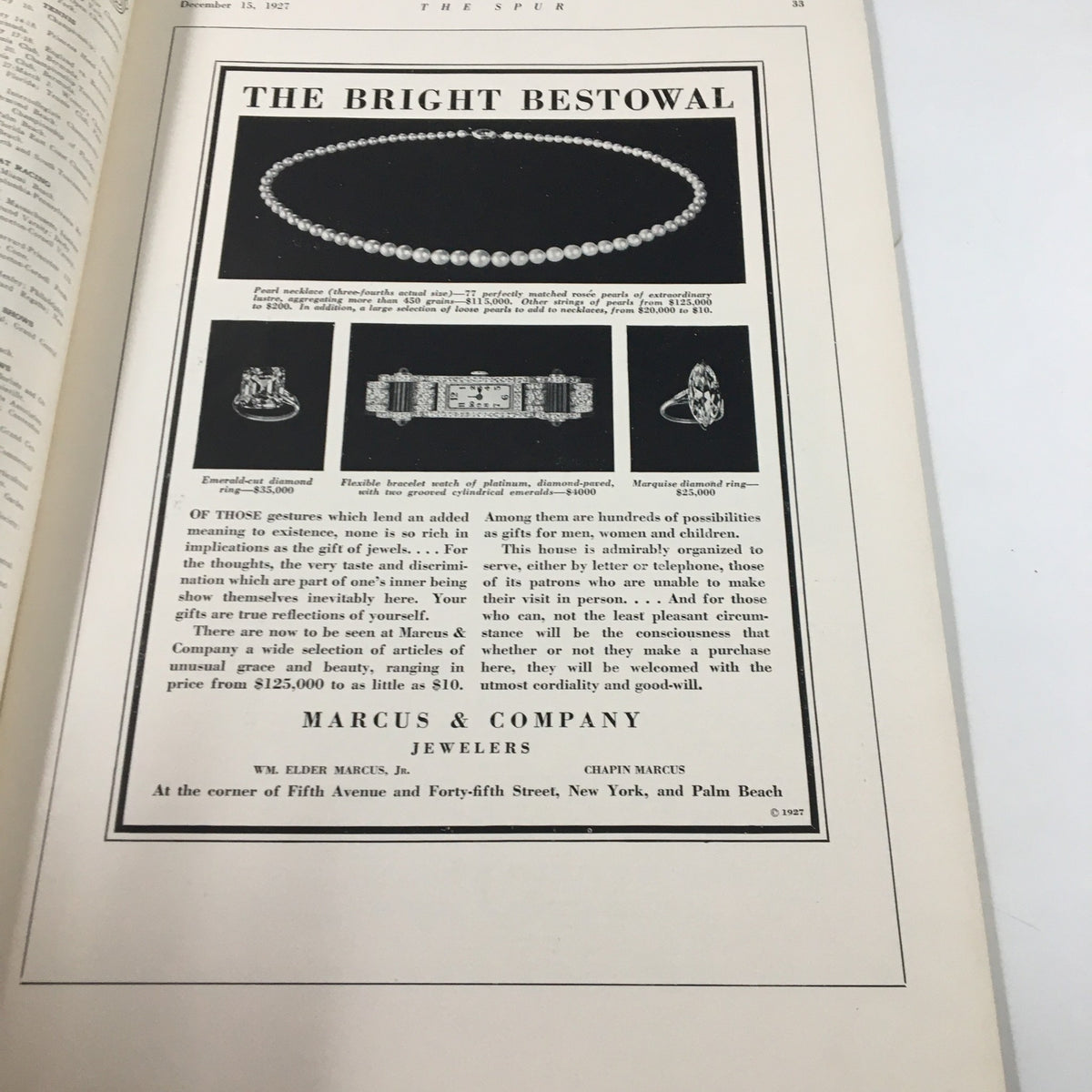 Advertisement featured in VTG The Spur Magazine December 13, 1927, showcasing jewelry from Marcus & Company, complete with elegant descriptions and vintage design elements.