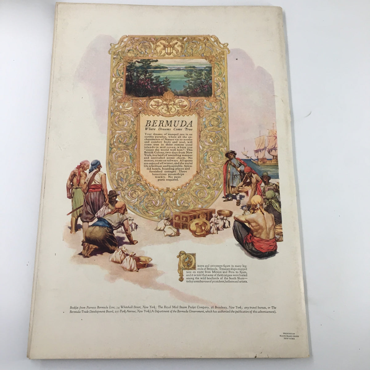 Cover illustration for Bermuda, featured in VTG The Spur Magazine December 13, 1927, depicting historical scenes with vibrant colors and detailed artistry.
