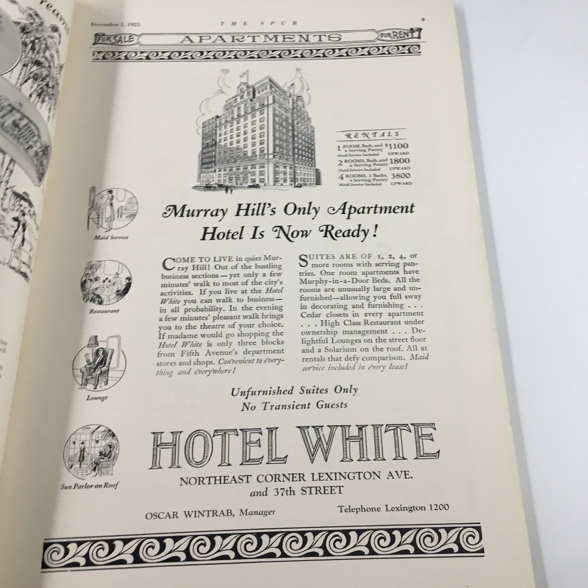 The Spur Magazine December 1 1925, featuring an advertisement for Hotel White, an apartment hotel in Murray Hill.