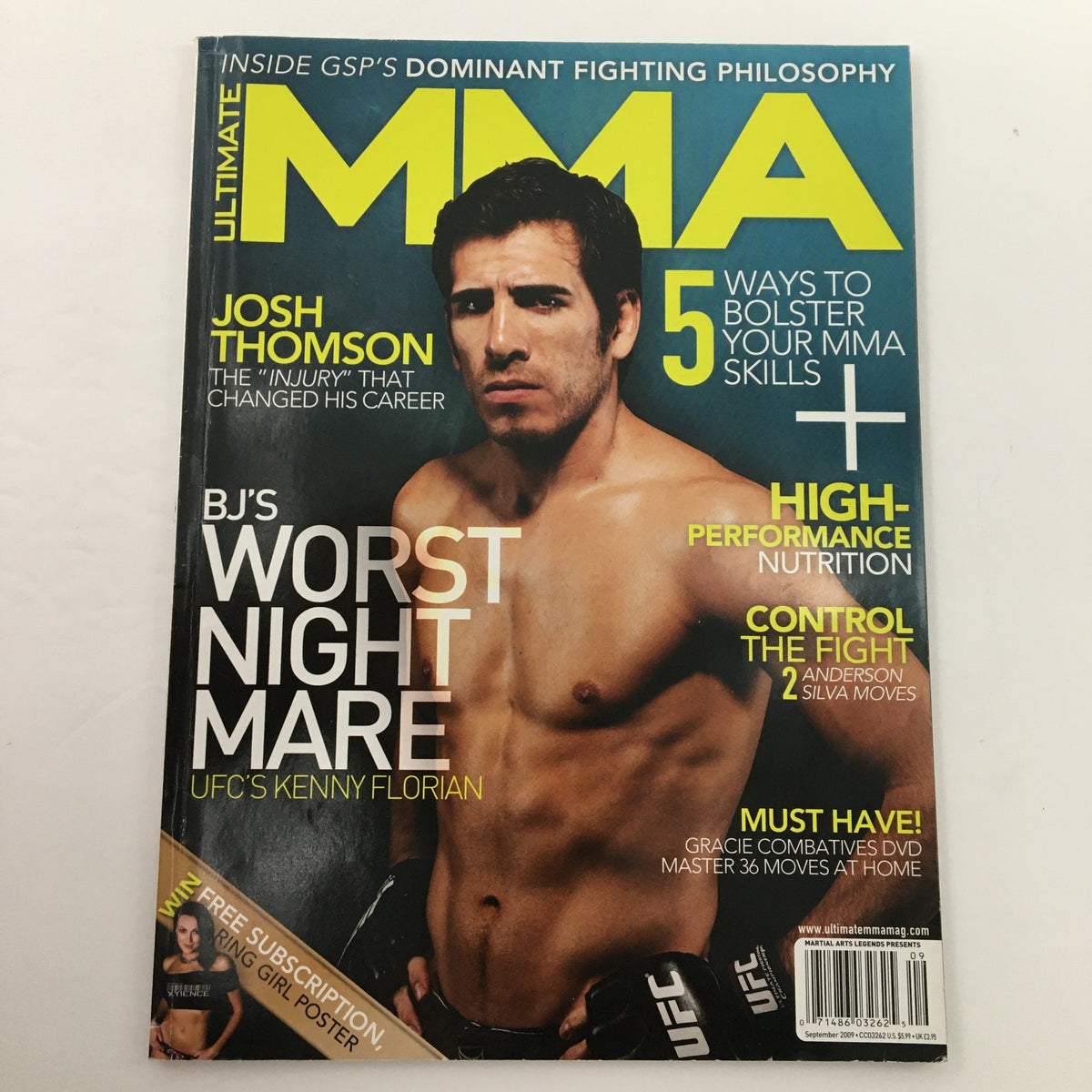 Front view of Ultimate MMA Magazine September 2009 showcasing Josh Thompson's 'The Injury' alongside UFC's Kenny Florian.