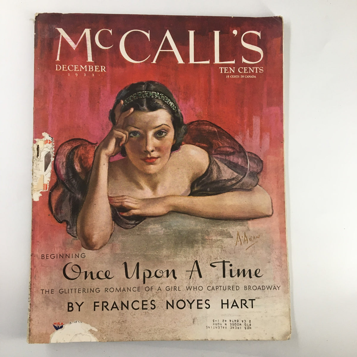 Cover of VTG McCall's Magazine December 1933 showcasing the title 'Once Upon A Time' by Frances N. Hart, featuring a woman with red hair and a vintage artistic style.