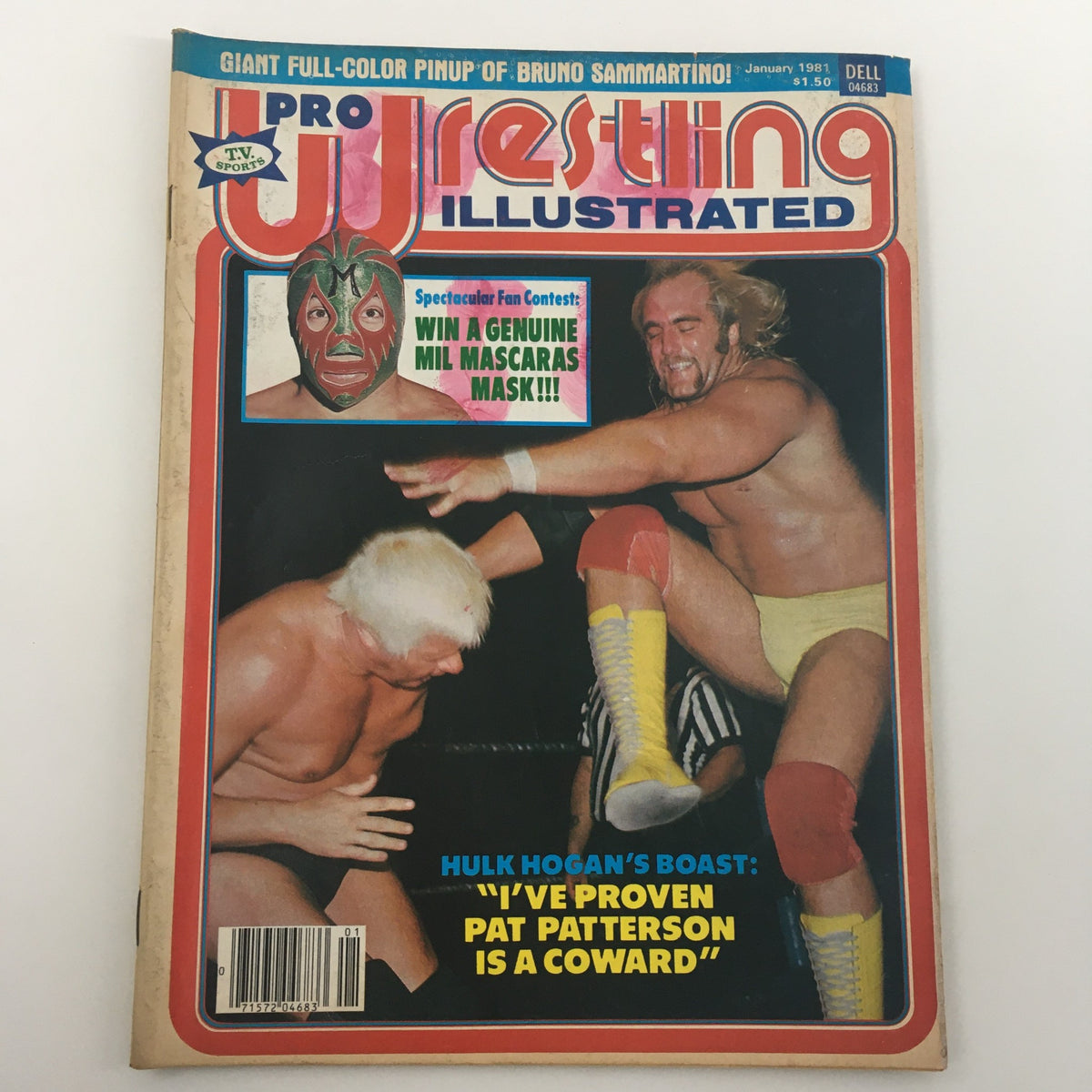 Cover of Pro Wrestling Illustrated Magazine January 1981 featuring Hulk Hogan and Pat Patterson, highlighting a wrestling match, with a contest advertisement for a genuine Mil Mascaras mask.