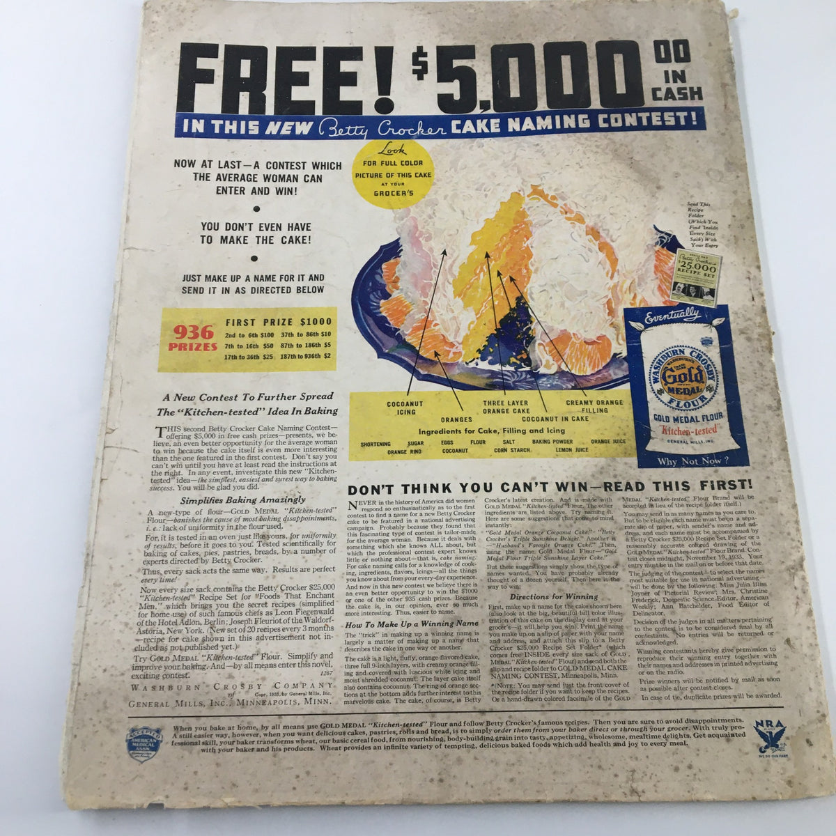 Vintage McCall's Magazine December 1933 Once Upon A Time by Frances N. Hart, featuring an advertisement for the Betty Crocker Cake Naming Contest with colorful cake illustration and detailed instructions.