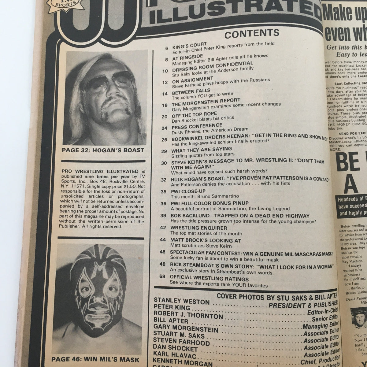 Contents page of Pro Wrestling Illustrated Magazine January 1981, including articles such as Hogan's Boast and a wrestling mask feature.
