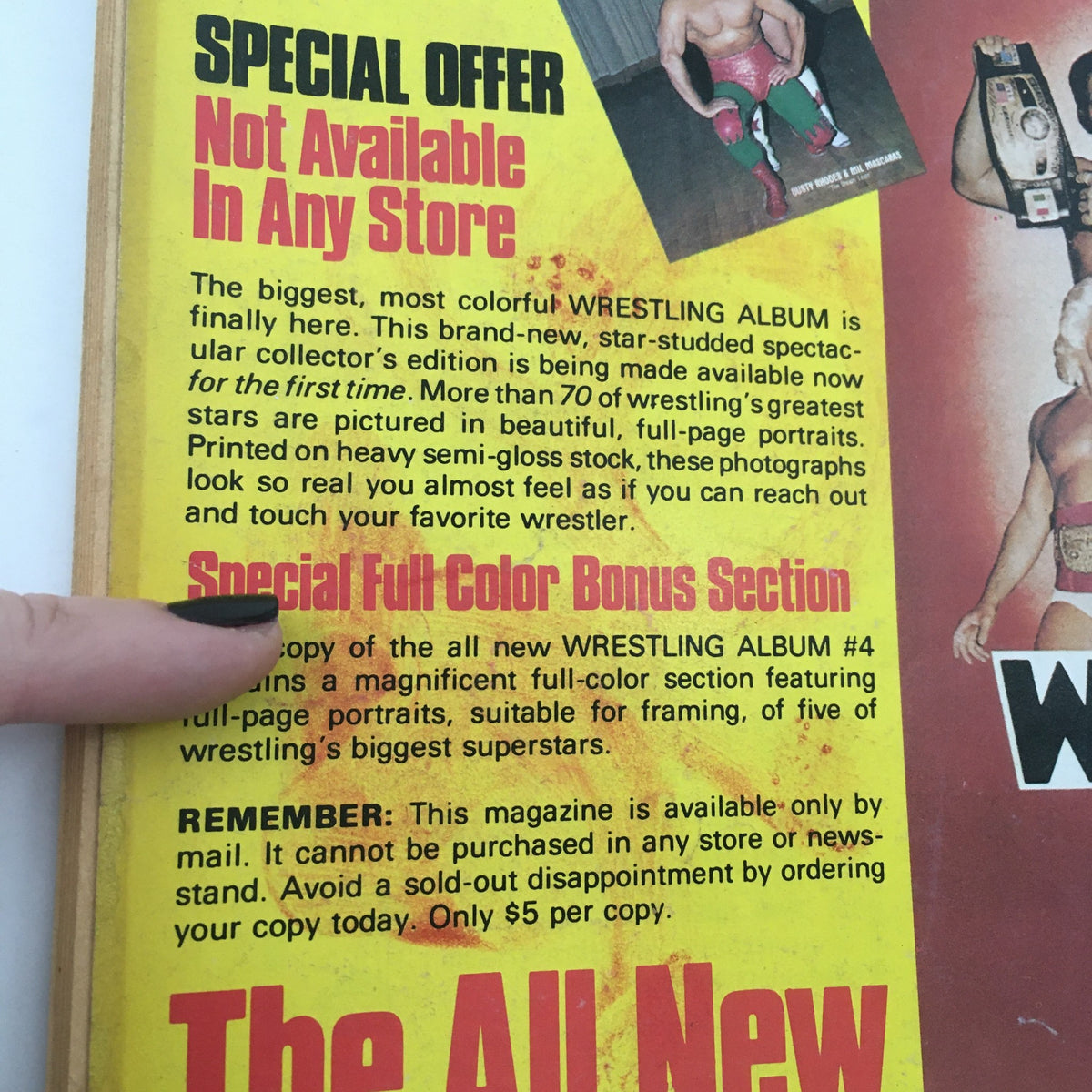 Pro Wrestling Illustrated Magazine January 1981 Hulk Hogan and Pat Patterson - A close-up shot of a special offer advertisement inside the magazine promoting a colorful wrestling album, highlighting full-page portraits of wrestling stars. This collectible magazine captures a pivotal moment in professional wrestling history.