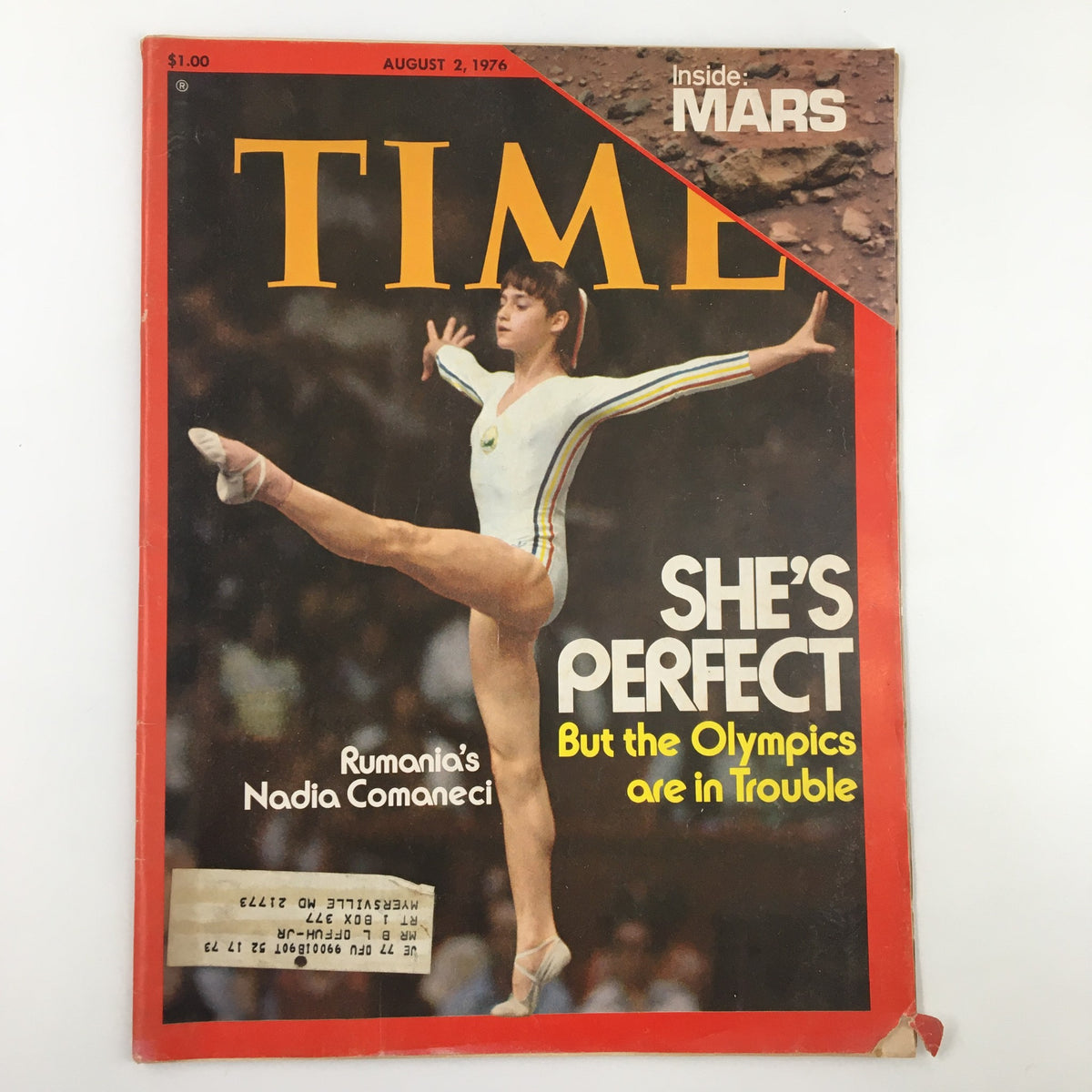 Vintage Time Magazine cover dated August 2, 1976, featuring Rumania's Nadia Comaneci, showcasing her perfect performance during the Olympics.