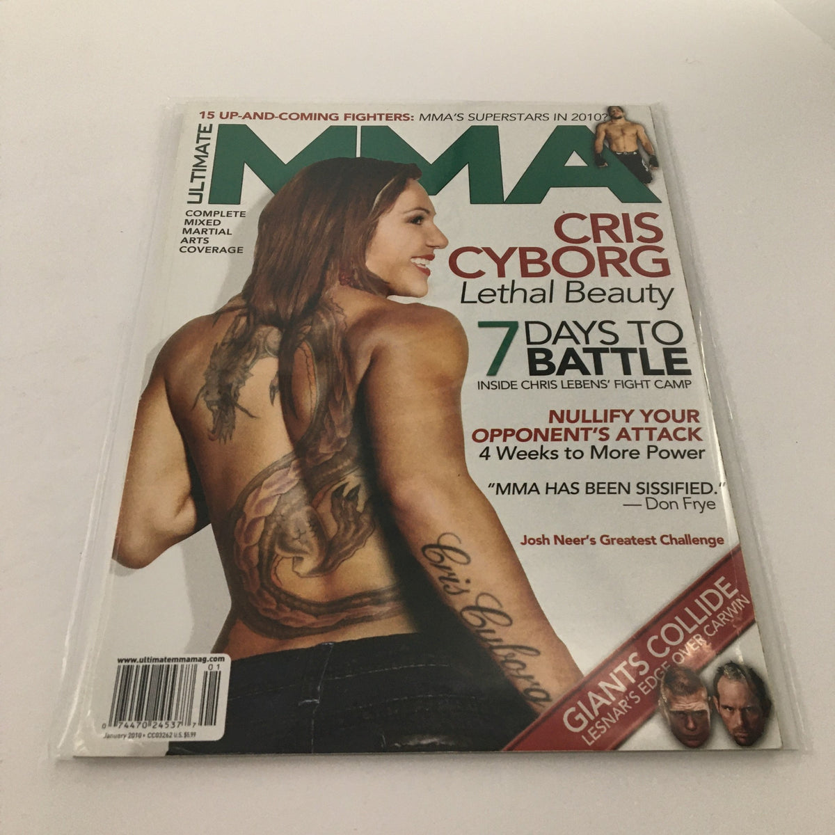 Ultimate MMA Magazine January 2010 featuring Cris Cyborg: Lethal Beauty, showcasing a close-up view of the magazine cover with Cris Cyborg prominently displayed.