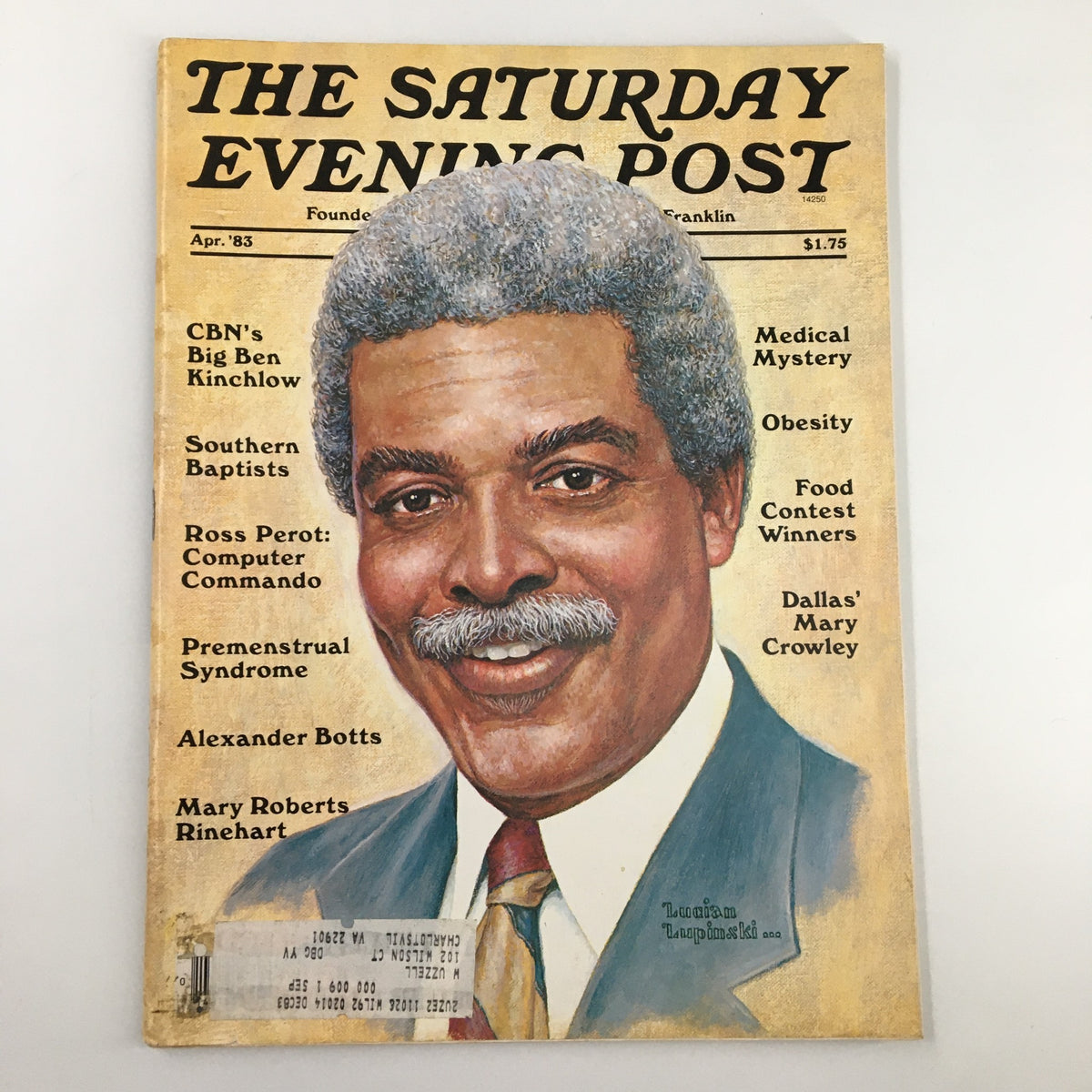 Cover of The Saturday Evening Post April 1983 featuring CBN's Big Ben Kinchlow, showcasing cultural themes of the 1980s with a portrait illustration and diverse article topics.