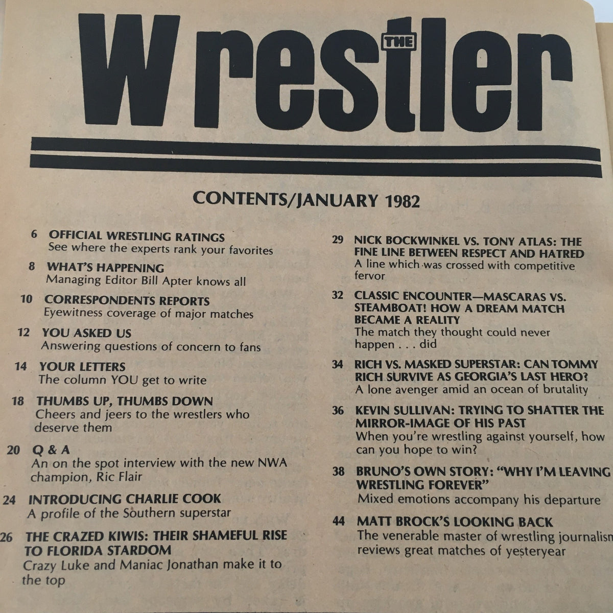 Table of contents from The Wrestler Magazine January 1982, detailing features on wrestling matches and interviews, including Tommy Rich vs Masked Superstar.