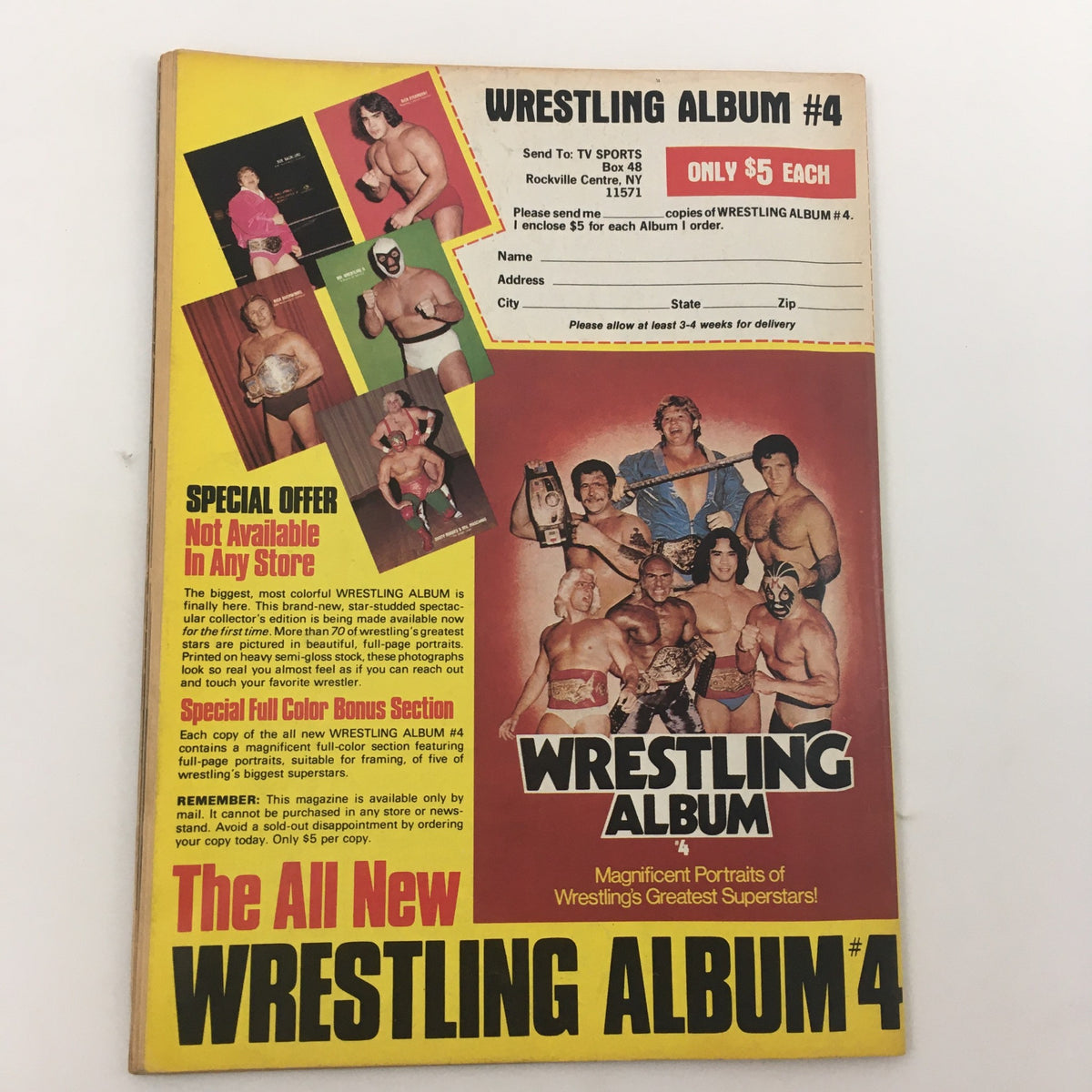 Back cover of The Wrestler Magazine January 1982 promoting Wrestling Album #4, showcasing wrestling stars and collectibles.