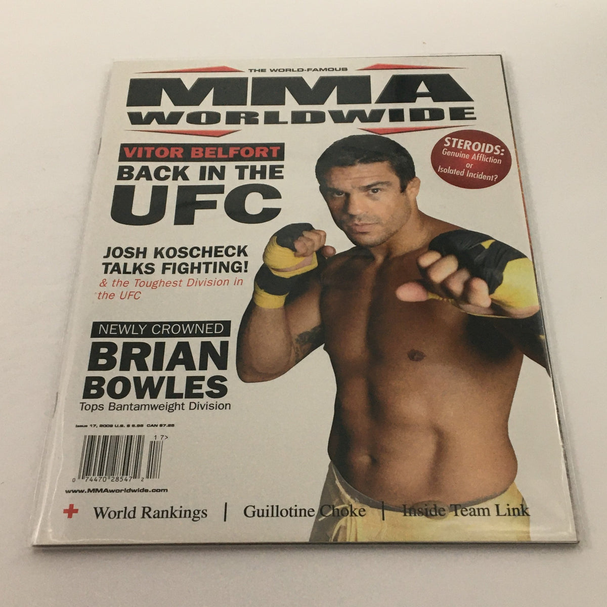 Cover of MMA Worldwide Magazine #17 featuring Brian Bowles, newly crowned Bantamweight champion, with Vitor Belfort headline topic, published in 2009.