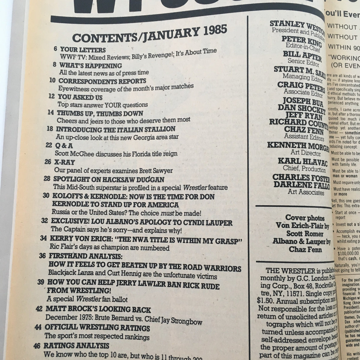 Contents page from The Wrestler Magazine January 1985 detailing features such as interviews and wrestling analysis, including a special segment on Cyndi Lauper.
