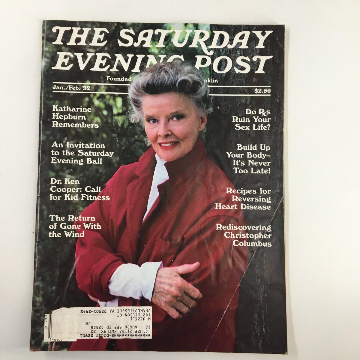Cover of The Saturday Evening Post January 1992 featuring Katharine Hepburn, showcasing her iconic look and several articles including 'Katharine Hepburn Remembers'.