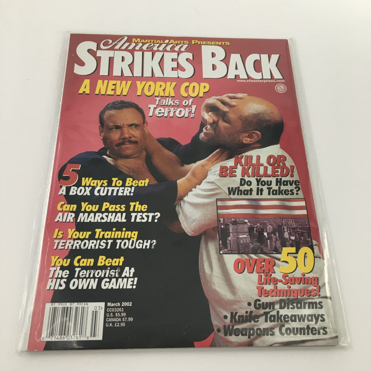 Cover of 'Martial Arts America Strikes Back March 2002', featuring a New York cop discussing terrorist threats with tips on self-defense techniques like gun disarms and weapon counters.
